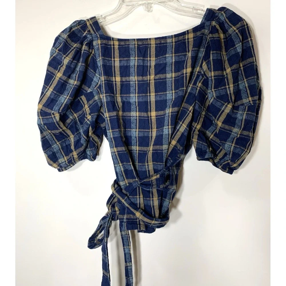 Madewell Sweetheart Wrap Top Womens XS Plaid Navy Blue Cotton Milkmaid Cottage‎